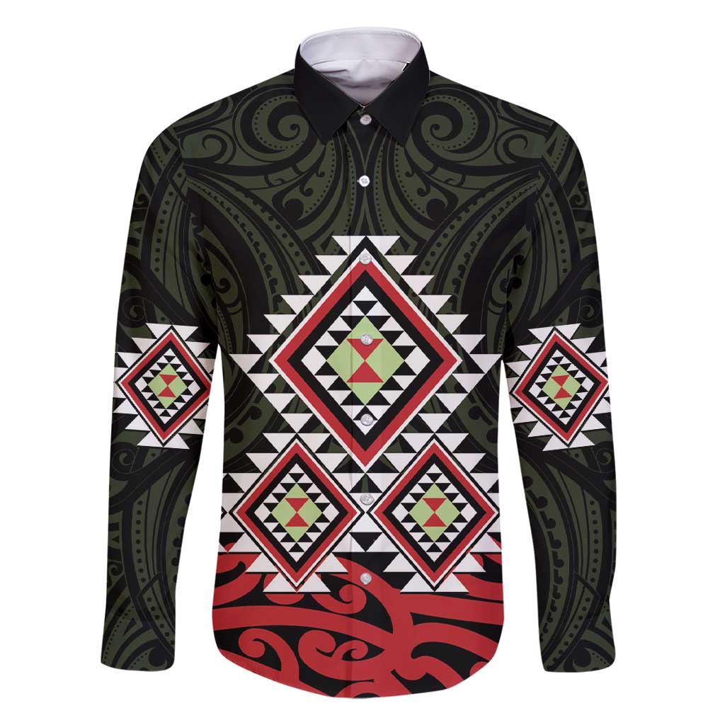 Kia Ora Aotearoa Family Matching Short Sleeve Bodycon Dress and Hawaiian Shirt 2025 Pasifika Maori Taniko Motifs LT14 Dad's Shirt - Long Sleeve Black - Polynesian Pride