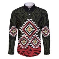 Kia Ora Aotearoa Family Matching Summer Maxi Dress and Hawaiian Shirt 2025 Pasifika Maori Taniko Motifs LT14 Dad's Shirt - Long Sleeve Black - Polynesian Pride