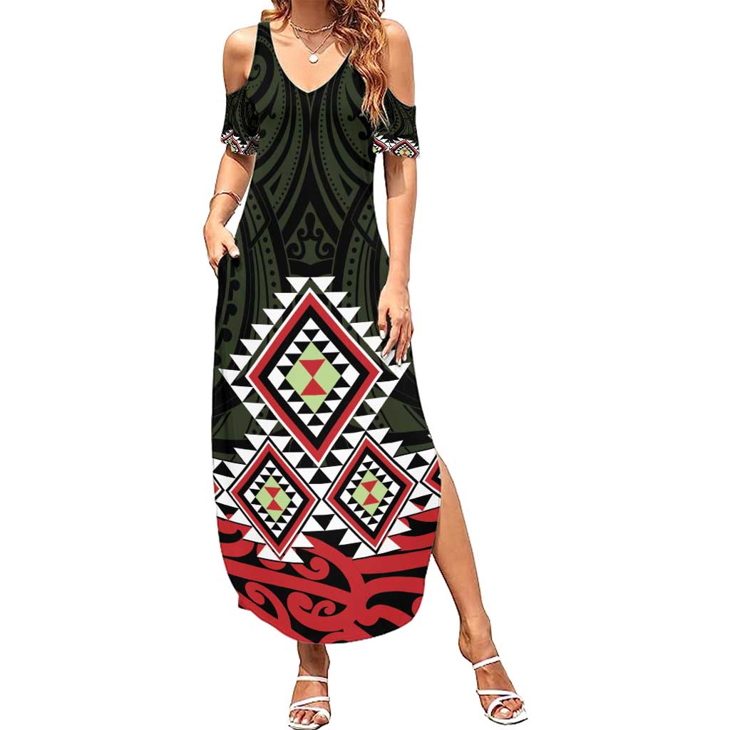 Kia Ora Aotearoa Family Matching Summer Maxi Dress and Hawaiian Shirt 2025 Pasifika Maori Taniko Motifs LT14 Mom's Dress Black - Polynesian Pride