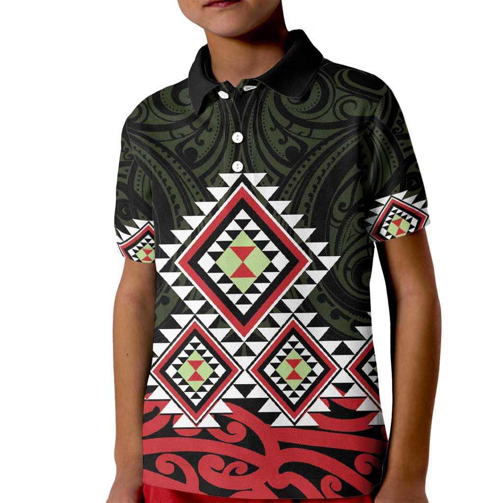 Kia Ora Aotearoa Kid Polo Shirt 2025 Pasifika Maori Taniko Motifs LT14 Kid Black - Polynesian Pride