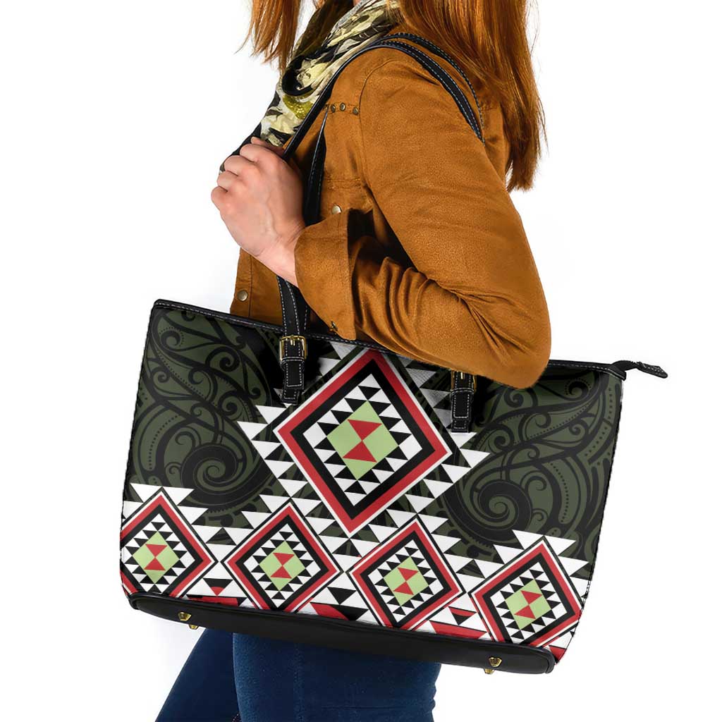Kia Ora Aotearoa Leather Tote Bag 2025 Pasifika Maori Taniko Motifs LT14 Black - Polynesian Pride