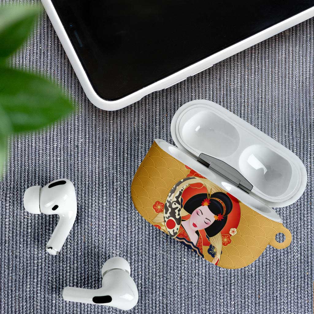 Japanese Geisha Koi Fish AirPods Case Cherry Blossoms Yellow Seigaiha Pattern - Polynesian Pride