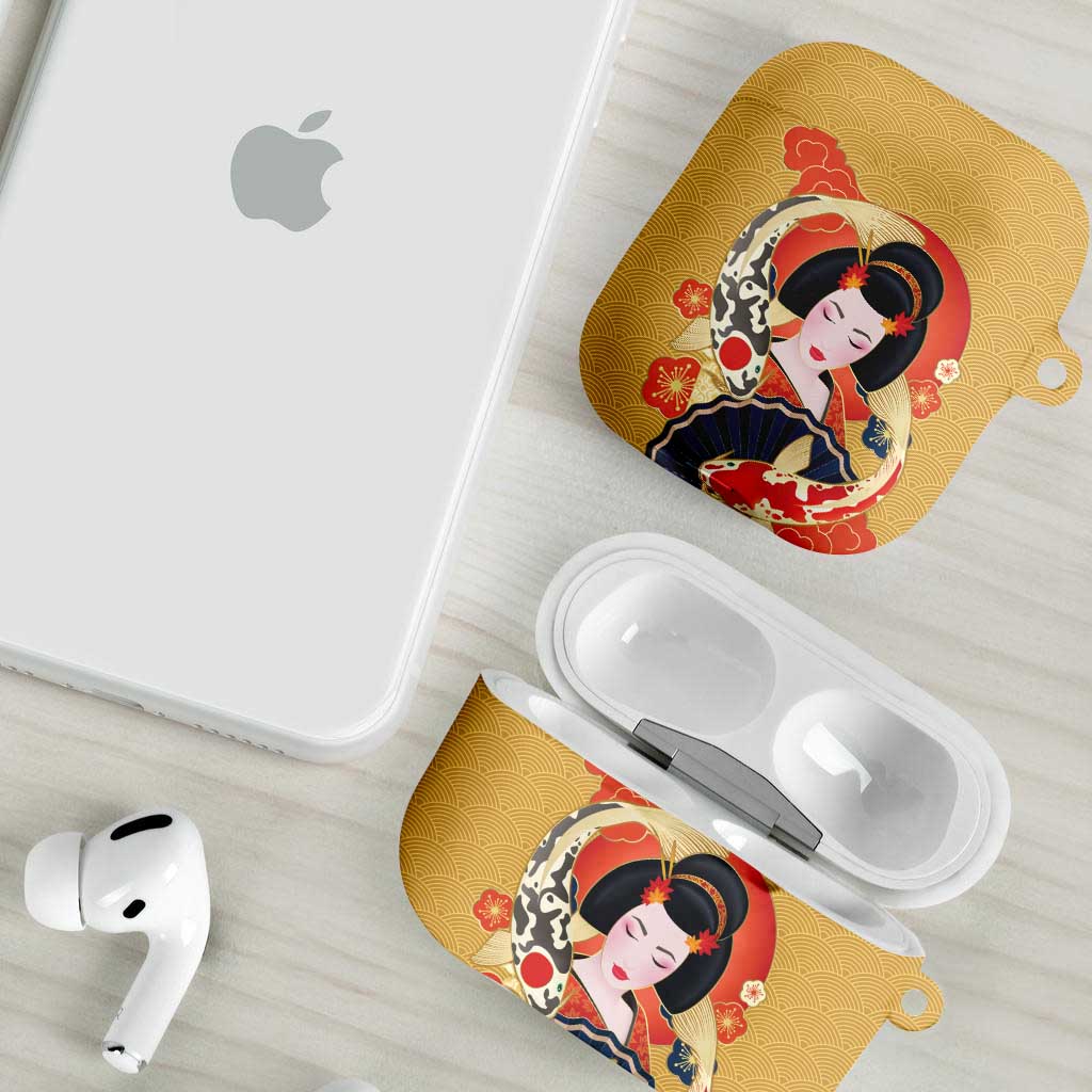 Japanese Geisha Koi Fish AirPods Case Cherry Blossoms Yellow Seigaiha Pattern - Polynesian Pride