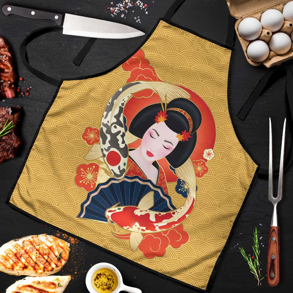 Japanese Geisha Koi Fish Apron Cherry Blossoms Yellow Seigaiha Pattern - Polynesian Pride