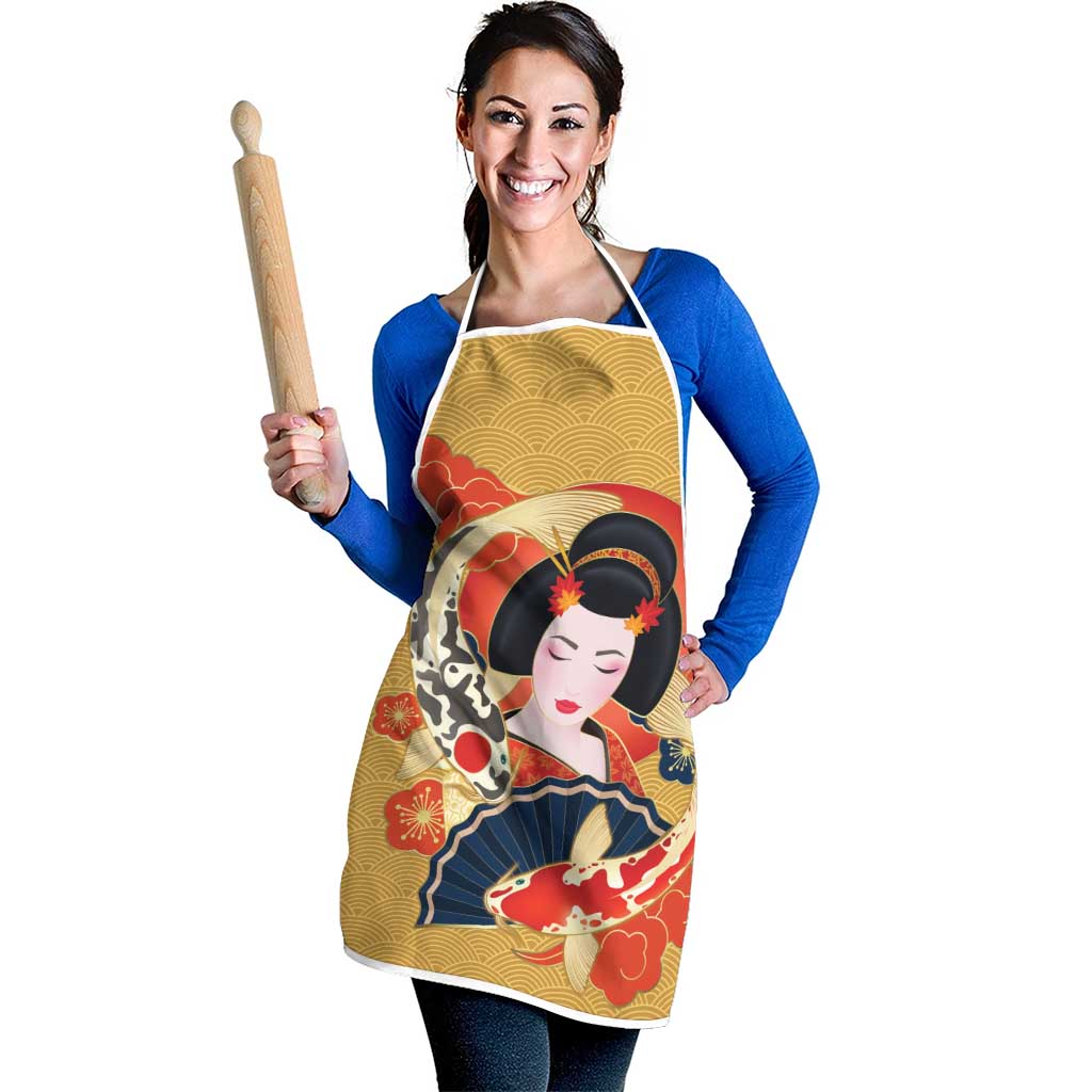Japanese Geisha Koi Fish Apron Cherry Blossoms Yellow Seigaiha Pattern - Polynesian Pride