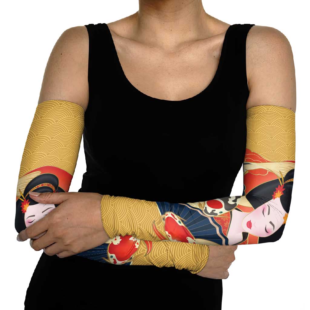 Japanese Geisha Koi Fish Arm Sleeves Cherry Blossoms Yellow Seigaiha Pattern LT14 - Polynesian Pride