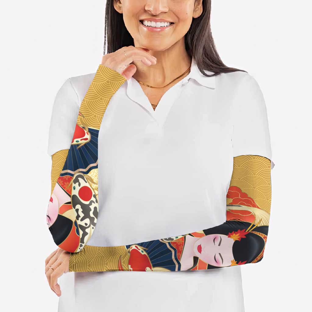 Japanese Geisha Koi Fish Arm Sleeves Cherry Blossoms Yellow Seigaiha Pattern LT14 - Polynesian Pride