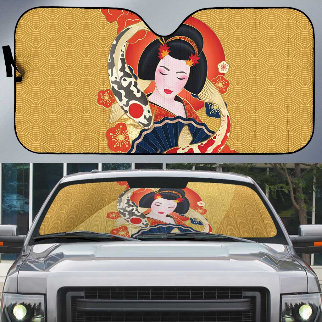 Japanese Geisha Koi Fish Auto Sun Shade Cherry Blossoms Yellow Seigaiha Pattern - Polynesian Pride
