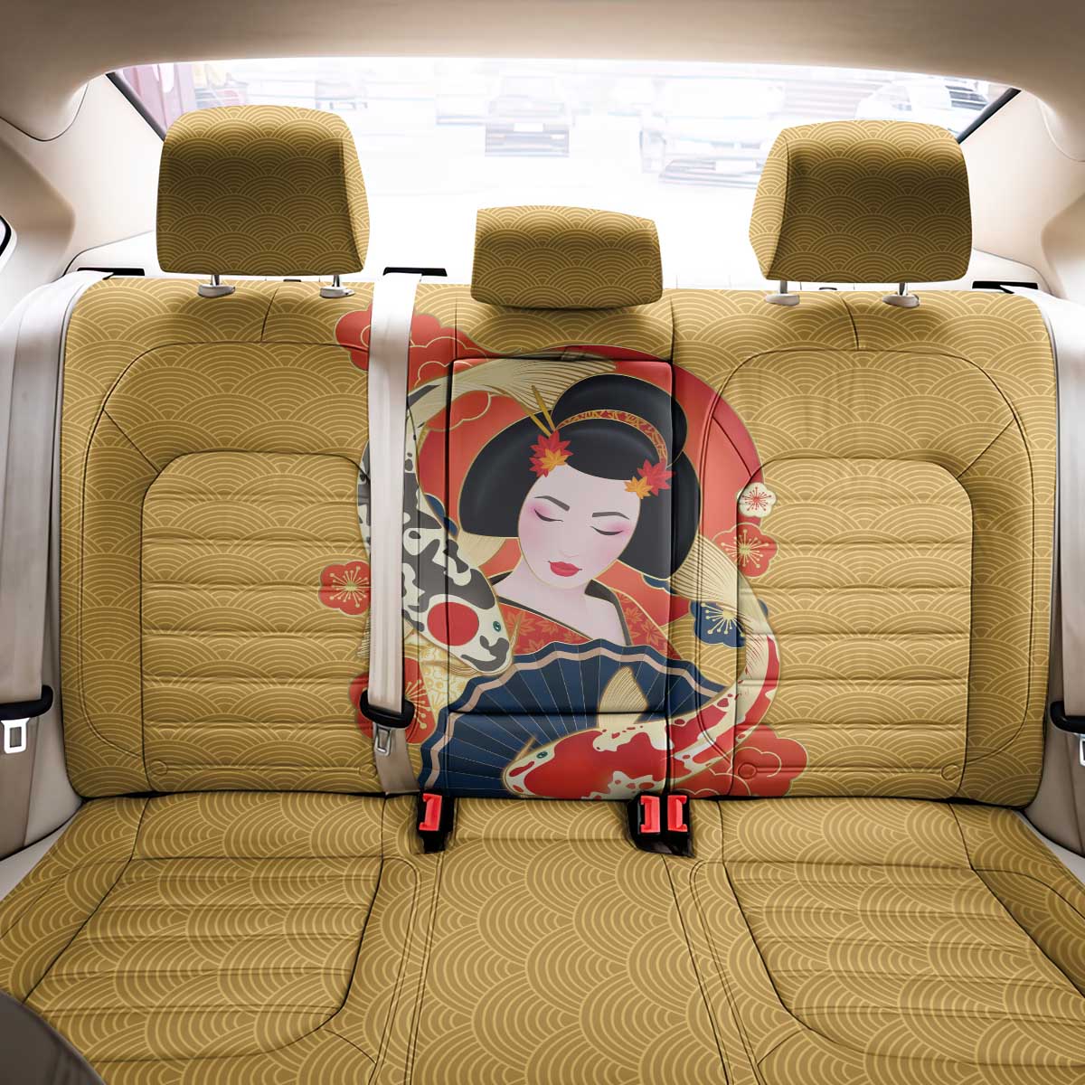 Japanese Geisha Koi Fish Back Car Seat Cover Cherry Blossoms Yellow Seigaiha Pattern LT14 - Polynesian Pride