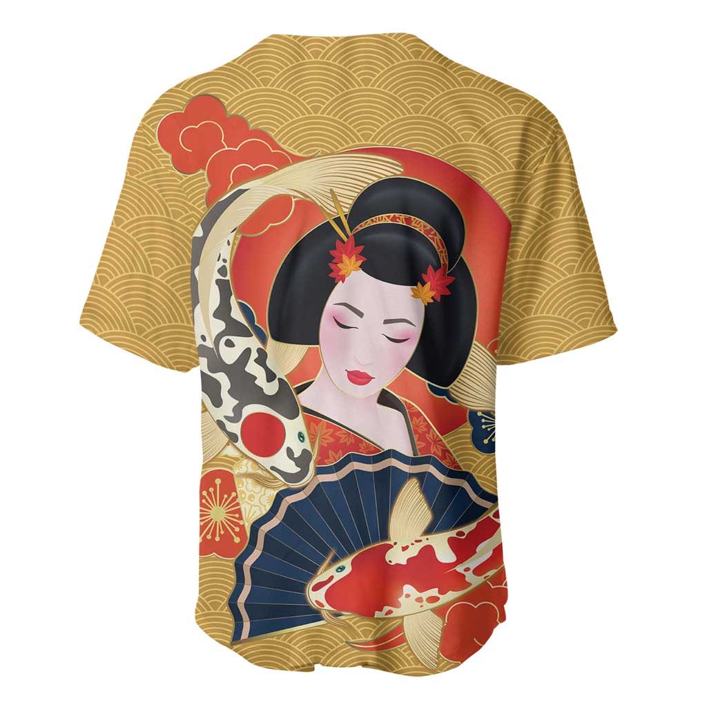 Japanese Geisha Koi Fish Baseball Jersey Cherry Blossoms Yellow Seigaiha Pattern LT14 - Polynesian Pride
