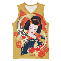 Japanese Geisha Koi Fish Basketball Jersey Cherry Blossoms Yellow Seigaiha Pattern LT14 Unisex Yellow - Polynesian Pride