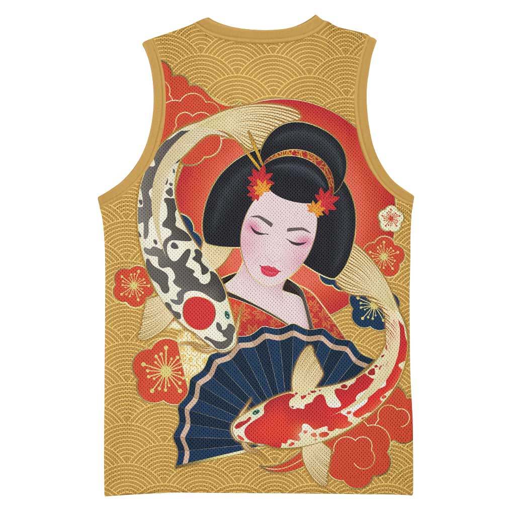 Japanese Geisha Koi Fish Basketball Jersey Cherry Blossoms Yellow Seigaiha Pattern LT14 - Polynesian Pride