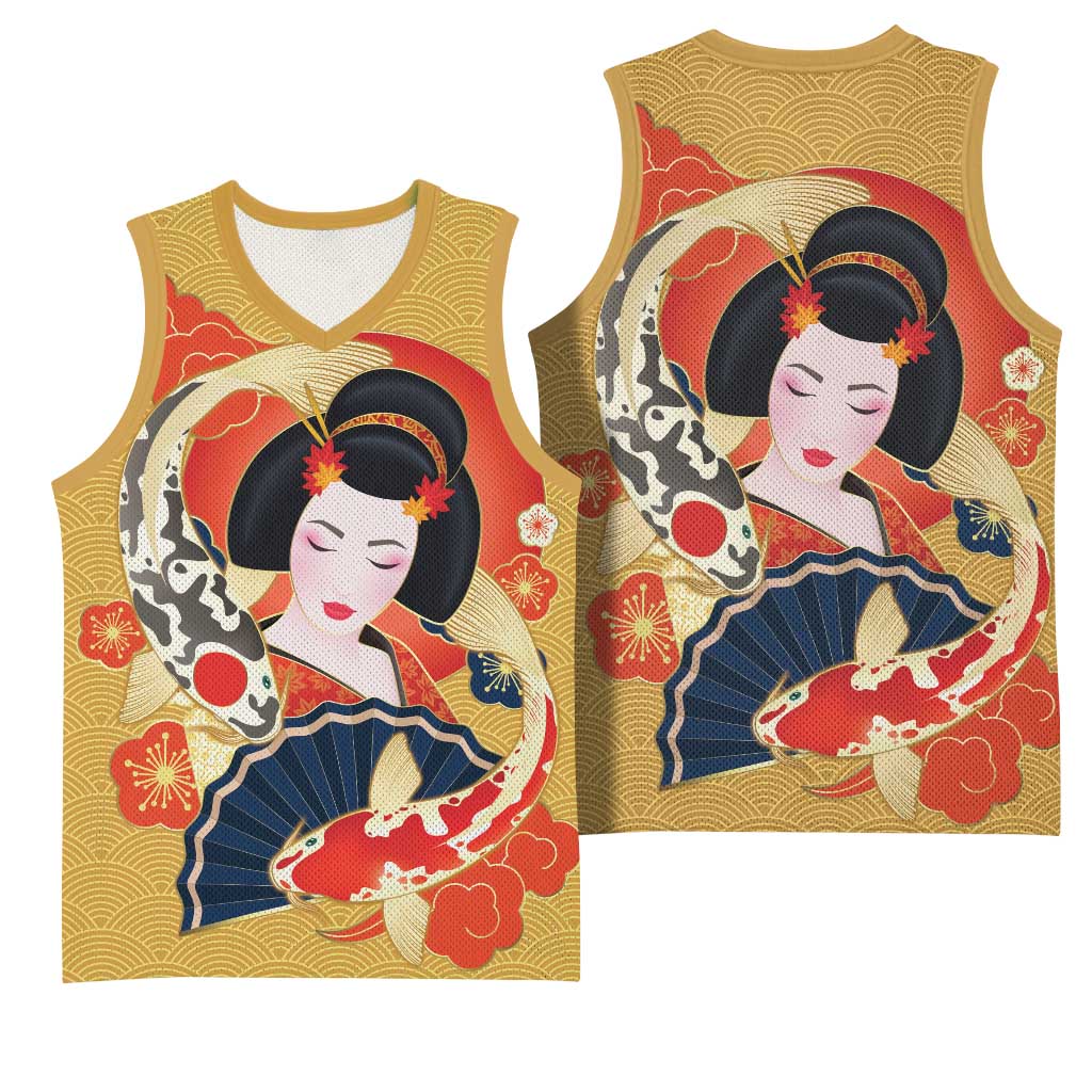 Japanese Geisha Koi Fish Basketball Jersey Cherry Blossoms Yellow Seigaiha Pattern LT14 - Polynesian Pride