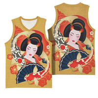 Japanese Geisha Koi Fish Basketball Jersey Cherry Blossoms Yellow Seigaiha Pattern LT14 - Polynesian Pride