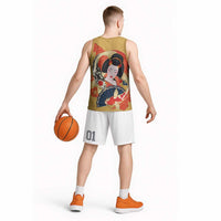 Japanese Geisha Koi Fish Basketball Jersey Cherry Blossoms Yellow Seigaiha Pattern LT14 - Polynesian Pride