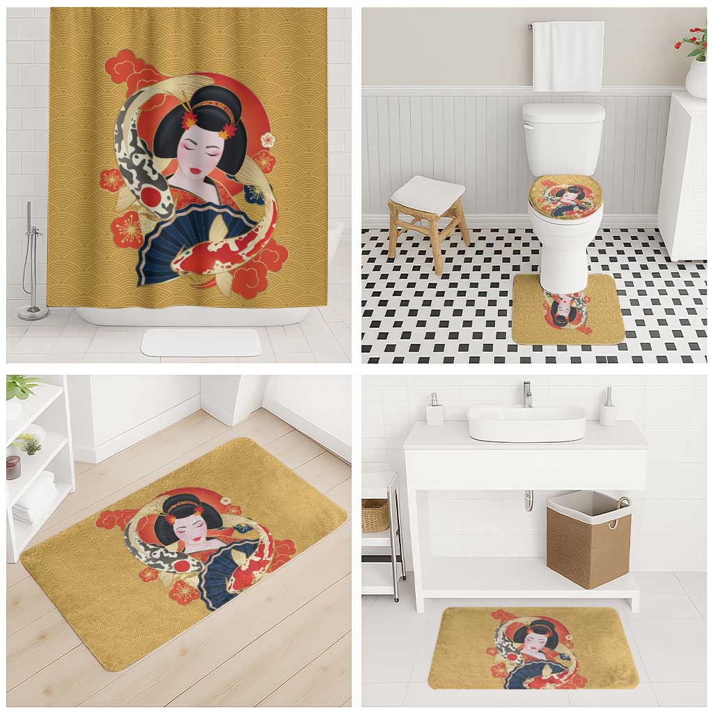 Japanese Geisha Koi Fish Bathroom Set Cherry Blossoms Yellow Seigaiha Pattern LT14 - Polynesian Pride