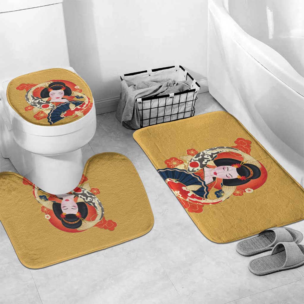 Japanese Geisha Koi Fish Bathroom Set Cherry Blossoms Yellow Seigaiha Pattern LT14 Mat Set Only (3 pcs) One Size Yellow - Polynesian Pride