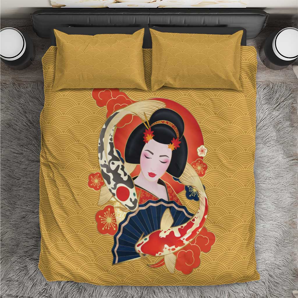 Japanese Geisha Koi Fish Bedding Set Cherry Blossoms Yellow Seigaiha Pattern - Polynesian Pride