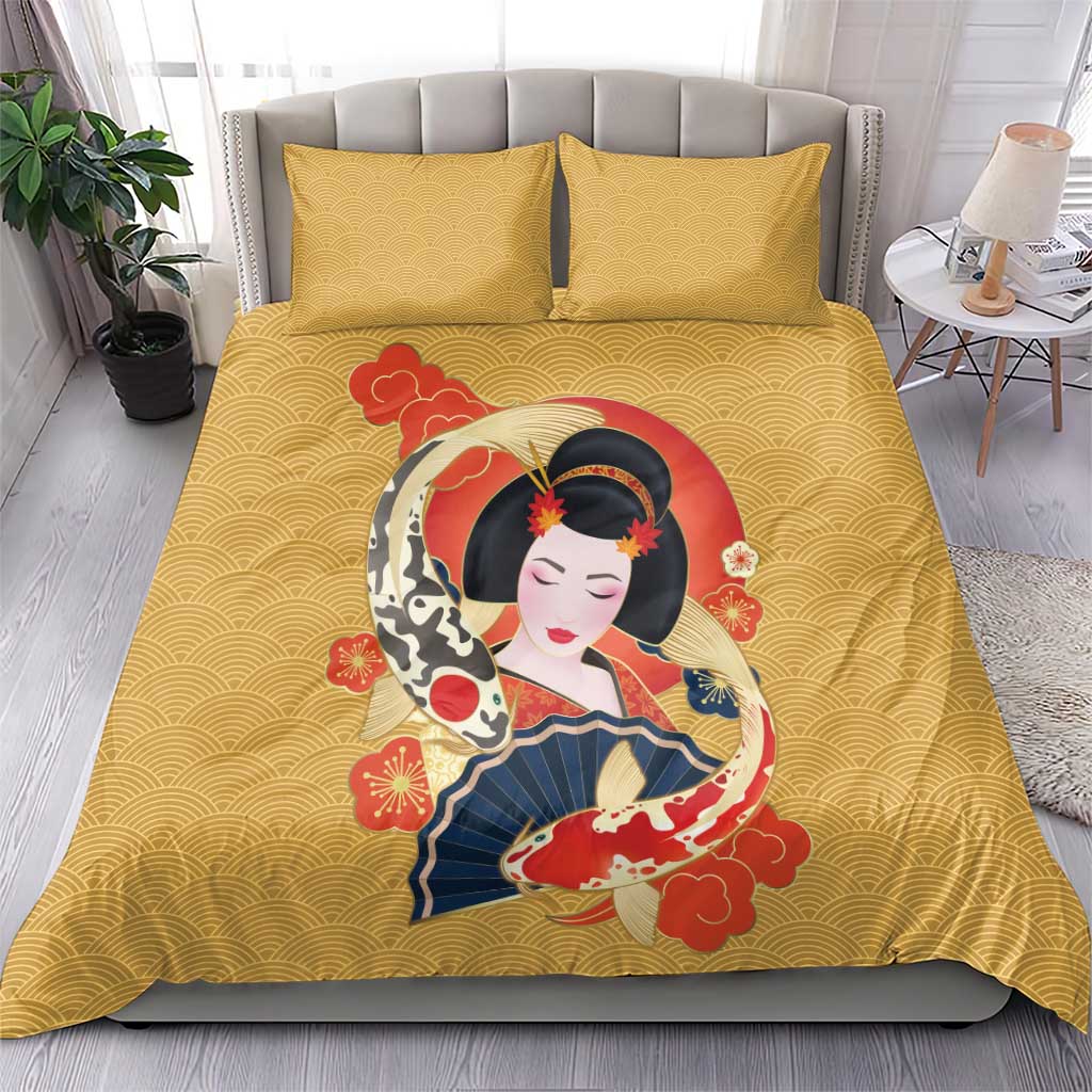 Japanese Geisha Koi Fish Bedding Set Cherry Blossoms Yellow Seigaiha Pattern - Polynesian Pride
