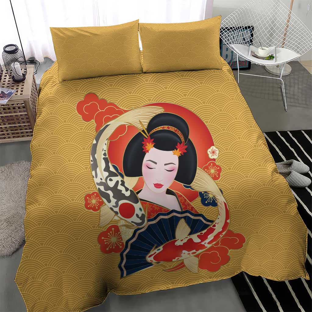 Japanese Geisha Koi Fish Bedding Set Cherry Blossoms Yellow Seigaiha Pattern - Polynesian Pride