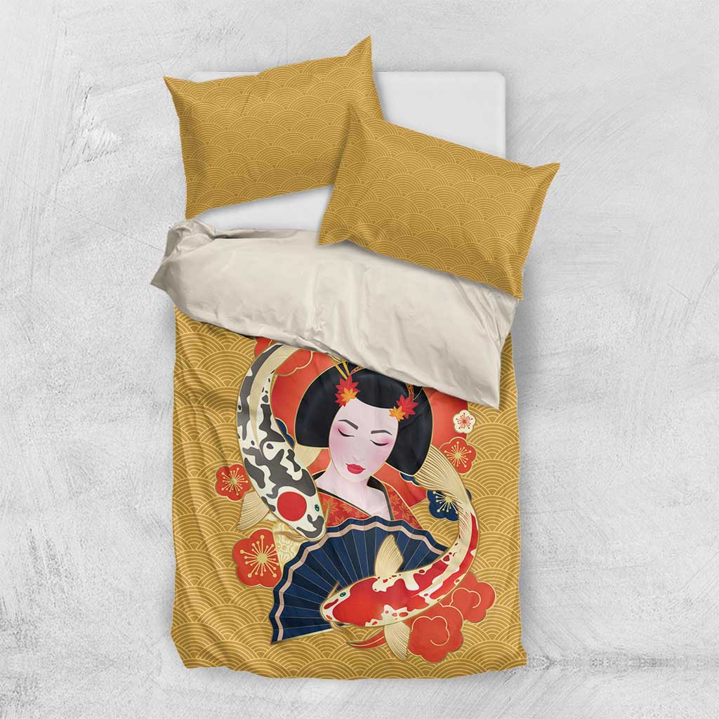 Japanese Geisha Koi Fish Bedding Set Cherry Blossoms Yellow Seigaiha Pattern - Polynesian Pride
