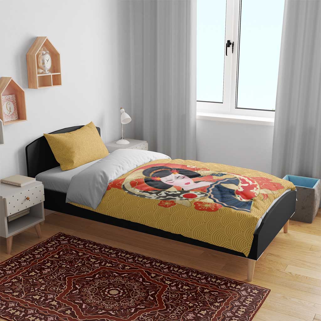 Japanese Geisha Koi Fish Bedding Set Cherry Blossoms Yellow Seigaiha Pattern - Polynesian Pride