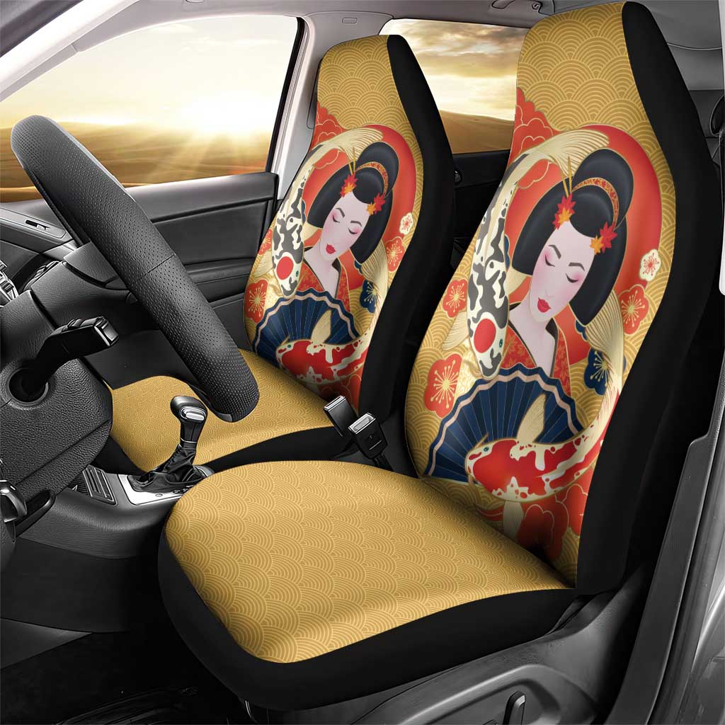 Japanese Geisha Koi Fish Car Seat Cover Cherry Blossoms Yellow Seigaiha Pattern LT14 - Polynesian Pride