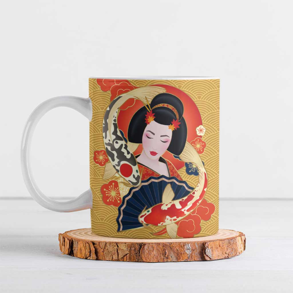 Japanese Geisha Koi Fish Ceramic Mug Cherry Blossoms Yellow Seigaiha Pattern - Polynesian Pride