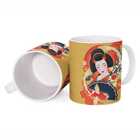 Japanese Geisha Koi Fish Ceramic Mug Cherry Blossoms Yellow Seigaiha Pattern LT14 - Polynesian Pride