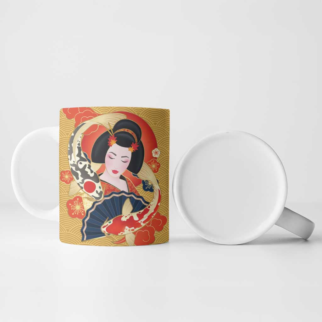 Japanese Geisha Koi Fish Ceramic Mug Cherry Blossoms Yellow Seigaiha Pattern LT14 - Polynesian Pride