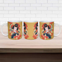 Japanese Geisha Koi Fish Ceramic Mug Cherry Blossoms Yellow Seigaiha Pattern LT14 - Polynesian Pride