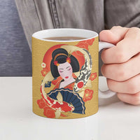 Japanese Geisha Koi Fish Ceramic Mug Cherry Blossoms Yellow Seigaiha Pattern LT14 - Polynesian Pride