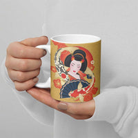 Japanese Geisha Koi Fish Ceramic Mug Cherry Blossoms Yellow Seigaiha Pattern LT14 - Polynesian Pride