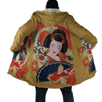 Japanese Geisha Koi Fish Cloak Cherry Blossoms Yellow Seigaiha Pattern - Polynesian Pride