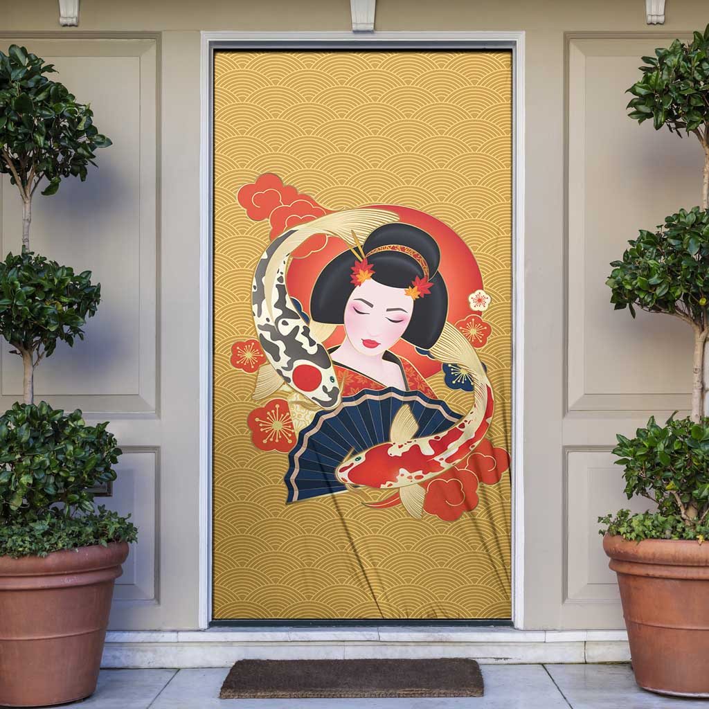 Japanese Geisha Koi Fish Door Cover Cherry Blossoms Yellow Seigaiha Pattern - Polynesian Pride