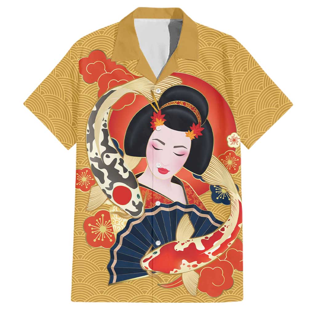 Japanese Geisha Koi Fish Family Matching Long Sleeve Bodycon Dress and Hawaiian Shirt Cherry Blossoms Yellow Seigaiha Pattern LT14 Dad's Shirt - Short Sleeve Yellow - Polynesian Pride