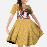 Japanese Geisha Koi Fish Family Matching Mermaid Dress and Hawaiian Shirt Cherry Blossoms Yellow Seigaiha Pattern LT14 Daughter's Dress Yellow - Polynesian Pride
