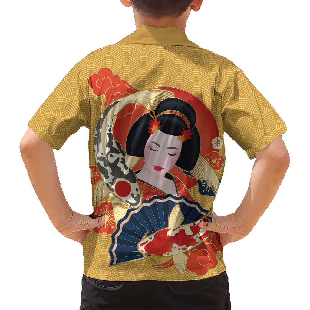 Japanese Geisha Koi Fish Family Matching Off Shoulder Short Dress and Hawaiian Shirt Cherry Blossoms Yellow Seigaiha Pattern LT14 - Polynesian Pride