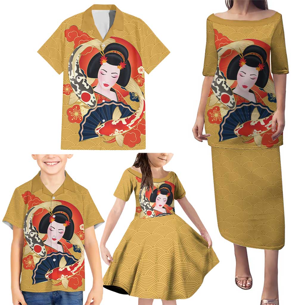 Japanese Geisha Koi Fish Family Matching Puletasi and Hawaiian Shirt Cherry Blossoms Yellow Seigaiha Pattern LT14 - Polynesian Pride