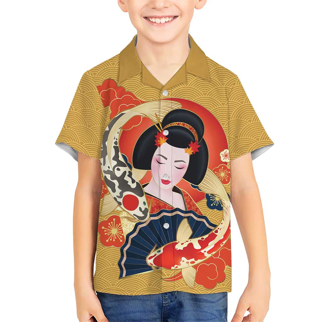 Japanese Geisha Koi Fish Family Matching Puletasi and Hawaiian Shirt Cherry Blossoms Yellow Seigaiha Pattern LT14 Son's Shirt Yellow - Polynesian Pride
