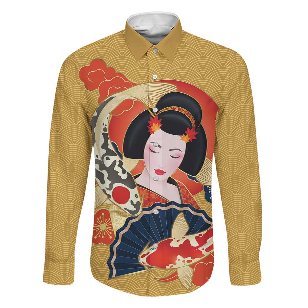 Japanese Geisha Koi Fish Family Matching Short Sleeve Bodycon Dress and Hawaiian Shirt Cherry Blossoms Yellow Seigaiha Pattern LT14 Dad's Shirt - Long Sleeve Yellow - Polynesian Pride