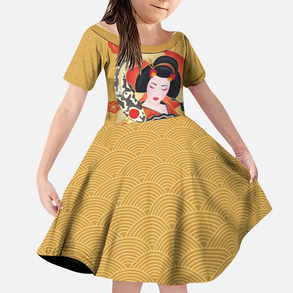 Japanese Geisha Koi Fish Family Matching Tank Maxi Dress and Hawaiian Shirt Cherry Blossoms Yellow Seigaiha Pattern LT14 Daughter's Dress Yellow - Polynesian Pride