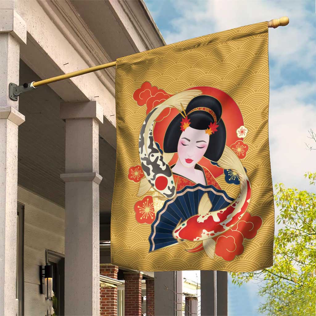 Japanese Geisha Koi Fish Garden Flag Cherry Blossoms Yellow Seigaiha Pattern LT14 House Flag Yellow - Polynesian Pride