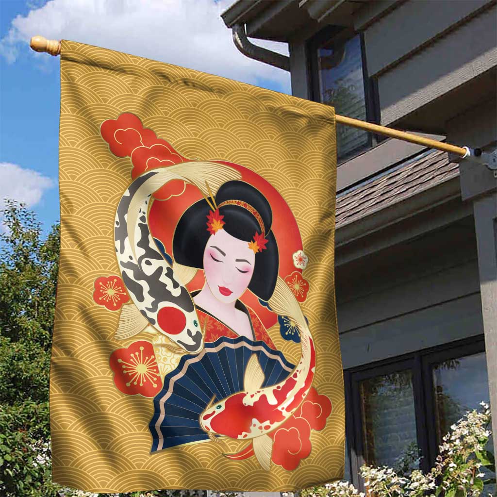 Japanese Geisha Koi Fish Garden Flag Cherry Blossoms Yellow Seigaiha Pattern LT14 - Polynesian Pride