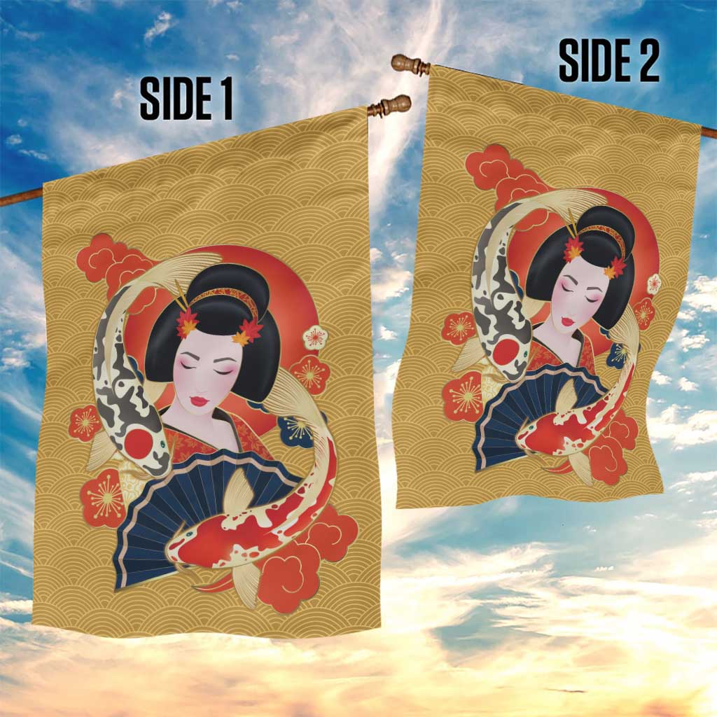 Japanese Geisha Koi Fish Garden Flag Cherry Blossoms Yellow Seigaiha Pattern LT14 - Polynesian Pride
