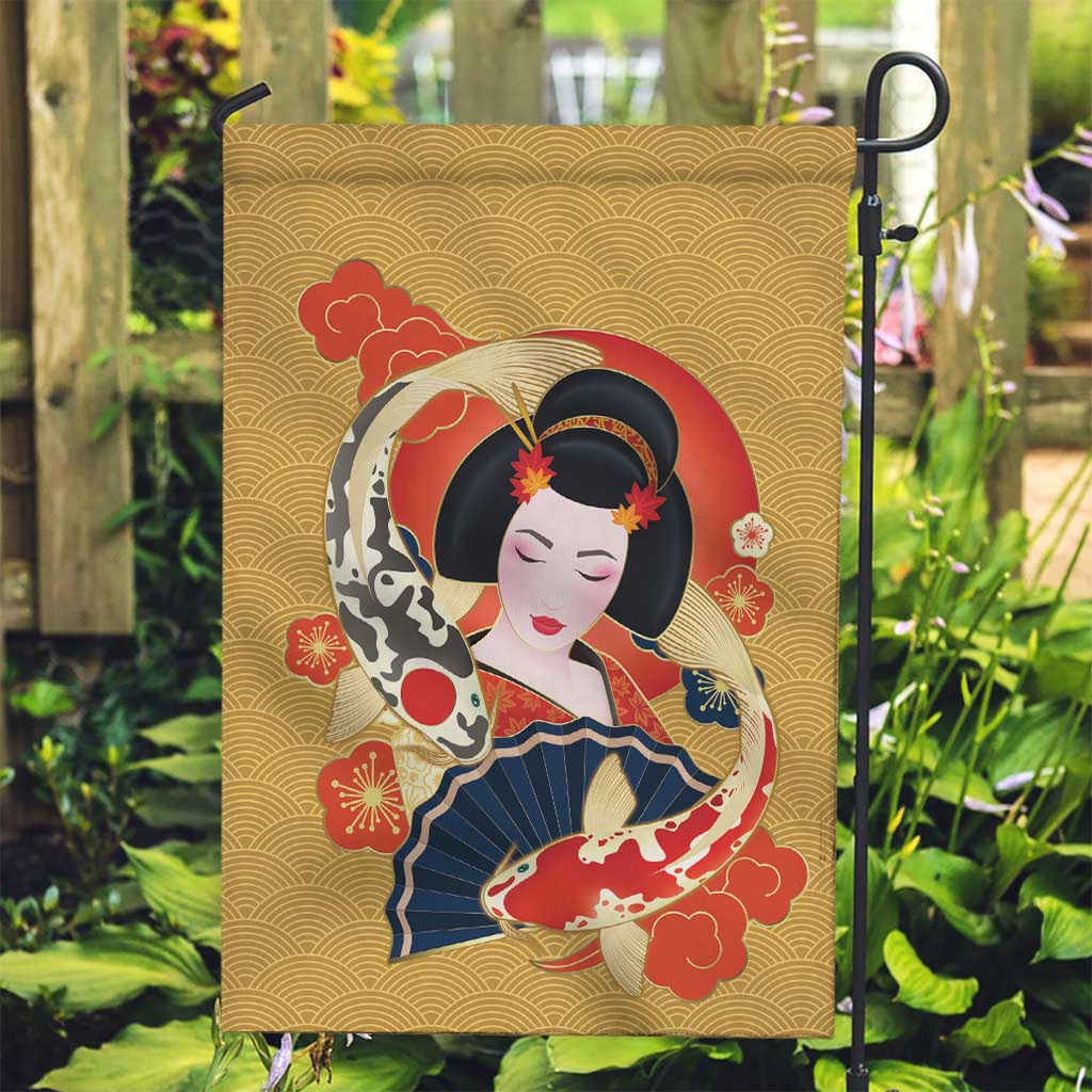 Japanese Geisha Koi Fish Garden Flag Cherry Blossoms Yellow Seigaiha Pattern LT14 Garden Flag Yellow - Polynesian Pride