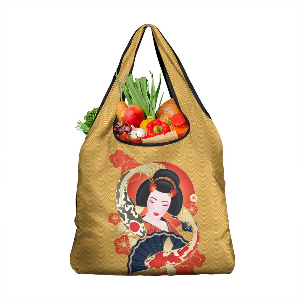 Japanese Geisha Koi Fish Grocery Bag Cherry Blossoms Yellow Seigaiha Pattern LT14 1-pack One Size Yellow - Polynesian Pride