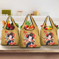 Japanese Geisha Koi Fish Grocery Bag Cherry Blossoms Yellow Seigaiha Pattern LT14 3-pack One Size Yellow - Polynesian Pride