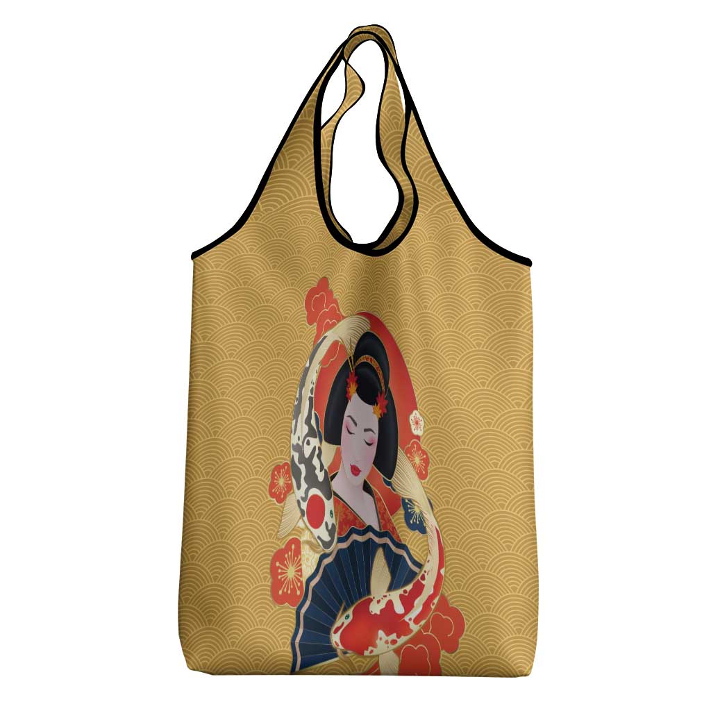 Japanese Geisha Koi Fish Grocery Bag Cherry Blossoms Yellow Seigaiha Pattern LT14 - Polynesian Pride