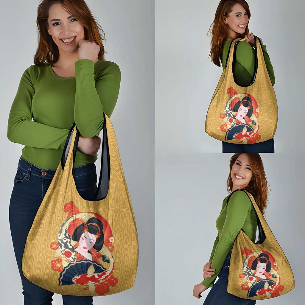 Japanese Geisha Koi Fish Grocery Bag Cherry Blossoms Yellow Seigaiha Pattern LT14 - Polynesian Pride